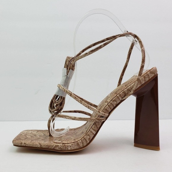 Miss Lola Rayez Womens Sz 8 Tan Snake Skin Pattern Ankle Ties 4.75" Heel Sandals - Picture 3 of 11
